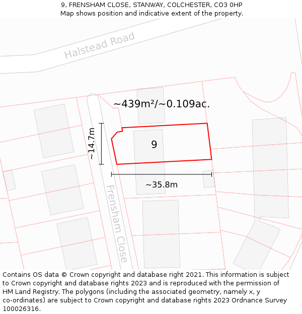 9, FRENSHAM CLOSE, STANWAY, COLCHESTER, CO3 0HP: Plot and title map