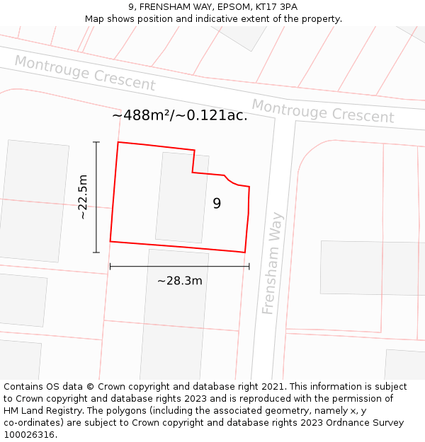 9, FRENSHAM WAY, EPSOM, KT17 3PA: Plot and title map