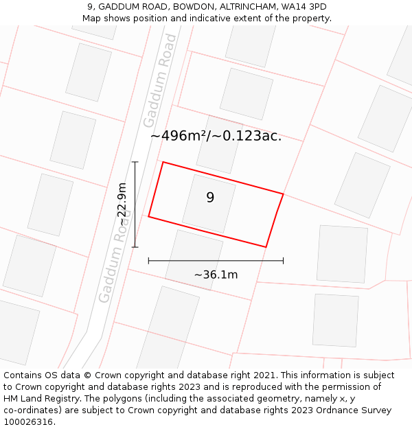 9, GADDUM ROAD, BOWDON, ALTRINCHAM, WA14 3PD: Plot and title map