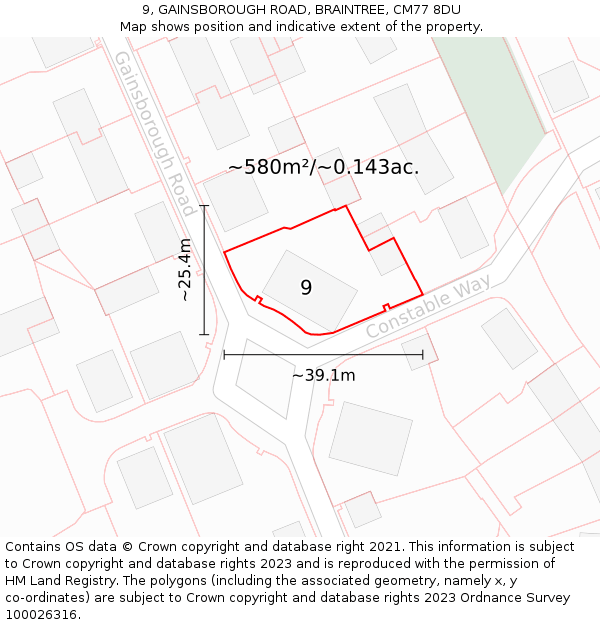 9, GAINSBOROUGH ROAD, BRAINTREE, CM77 8DU: Plot and title map