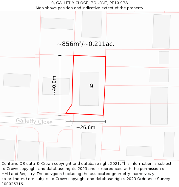 9, GALLETLY CLOSE, BOURNE, PE10 9BA: Plot and title map