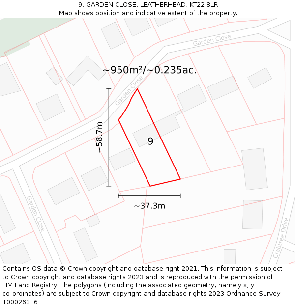 9, GARDEN CLOSE, LEATHERHEAD, KT22 8LR: Plot and title map