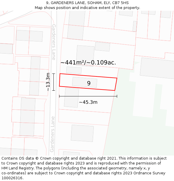 9, GARDENERS LANE, SOHAM, ELY, CB7 5HS: Plot and title map