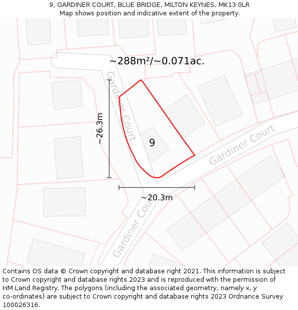 9, GARDINER COURT, BLUE BRIDGE, MILTON KEYNES, MK13 0LR: Plot and title map