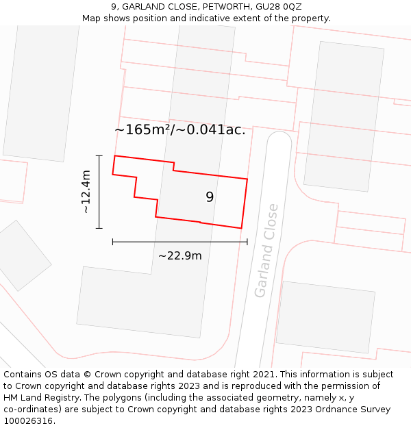 9, GARLAND CLOSE, PETWORTH, GU28 0QZ: Plot and title map