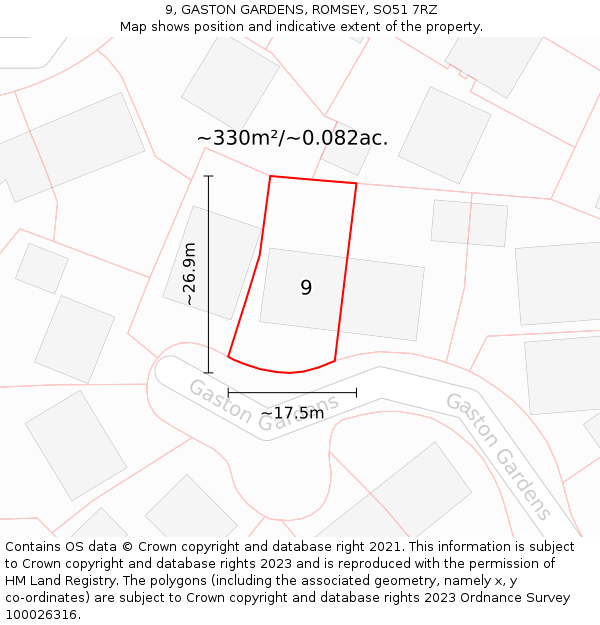 9, GASTON GARDENS, ROMSEY, SO51 7RZ: Plot and title map