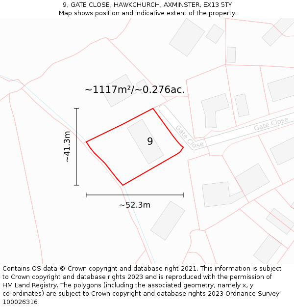9, GATE CLOSE, HAWKCHURCH, AXMINSTER, EX13 5TY: Plot and title map