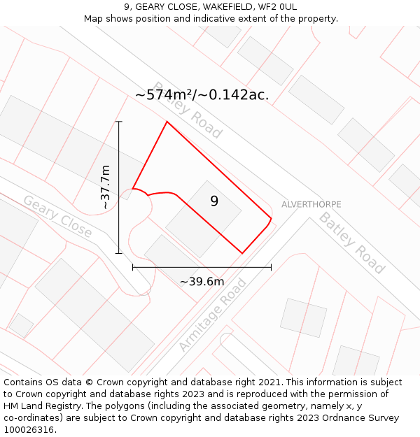 9, GEARY CLOSE, WAKEFIELD, WF2 0UL: Plot and title map