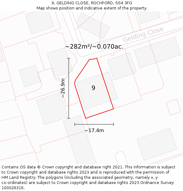 9, GELDING CLOSE, ROCHFORD, SS4 3FG: Plot and title map