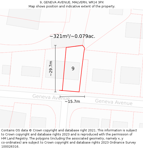 9, GENEVA AVENUE, MALVERN, WR14 3PX: Plot and title map