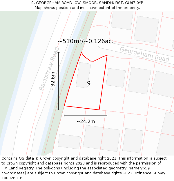 9, GEORGEHAM ROAD, OWLSMOOR, SANDHURST, GU47 0YR: Plot and title map