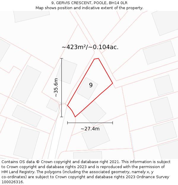 9, GERVIS CRESCENT, POOLE, BH14 0LR: Plot and title map