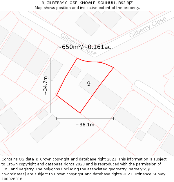 9, GILBERRY CLOSE, KNOWLE, SOLIHULL, B93 9JZ: Plot and title map