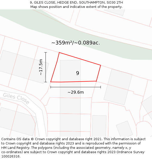 9, GILES CLOSE, HEDGE END, SOUTHAMPTON, SO30 2TH: Plot and title map