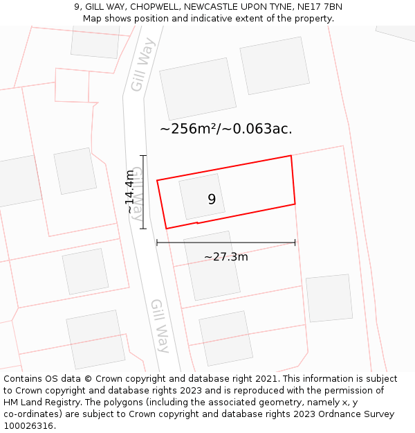 9, GILL WAY, CHOPWELL, NEWCASTLE UPON TYNE, NE17 7BN: Plot and title map