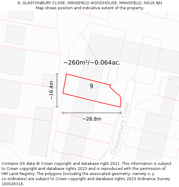 9, GLASTONBURY CLOSE, MANSFIELD WOODHOUSE, MANSFIELD, NG19 8JN: Plot and title map