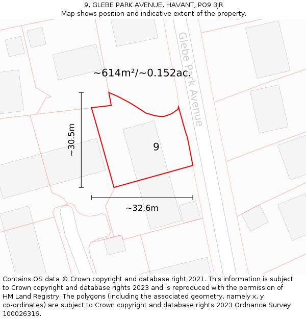 9, GLEBE PARK AVENUE, HAVANT, PO9 3JR: Plot and title map