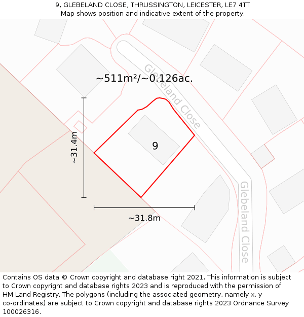 9, GLEBELAND CLOSE, THRUSSINGTON, LEICESTER, LE7 4TT: Plot and title map