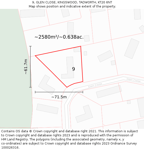 9, GLEN CLOSE, KINGSWOOD, TADWORTH, KT20 6NT: Plot and title map