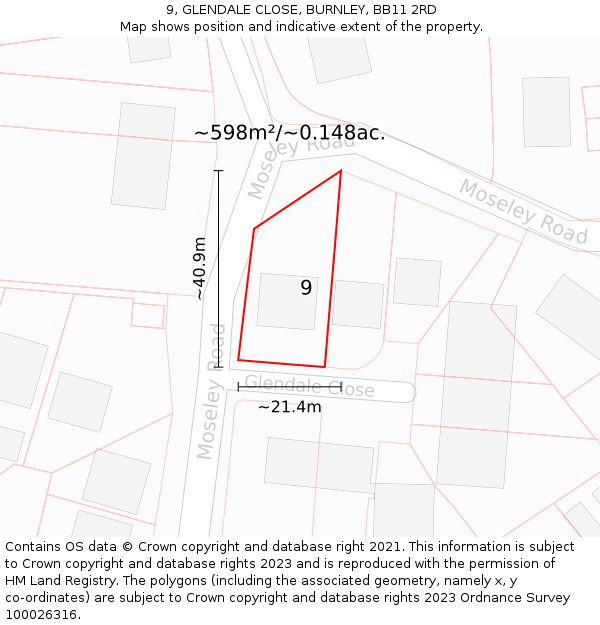 9, GLENDALE CLOSE, BURNLEY, BB11 2RD: Plot and title map