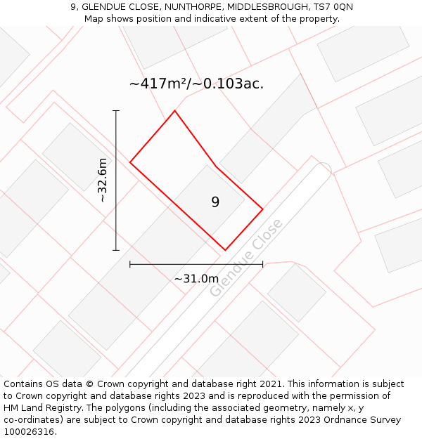 9, GLENDUE CLOSE, NUNTHORPE, MIDDLESBROUGH, TS7 0QN: Plot and title map