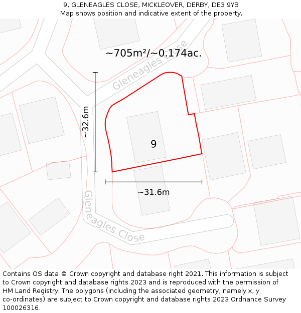 9, GLENEAGLES CLOSE, MICKLEOVER, DERBY, DE3 9YB: Plot and title map