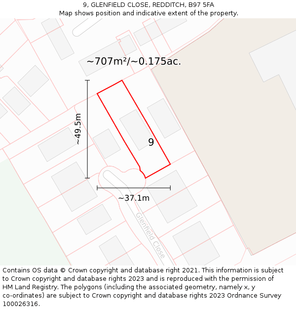 9, GLENFIELD CLOSE, REDDITCH, B97 5FA: Plot and title map