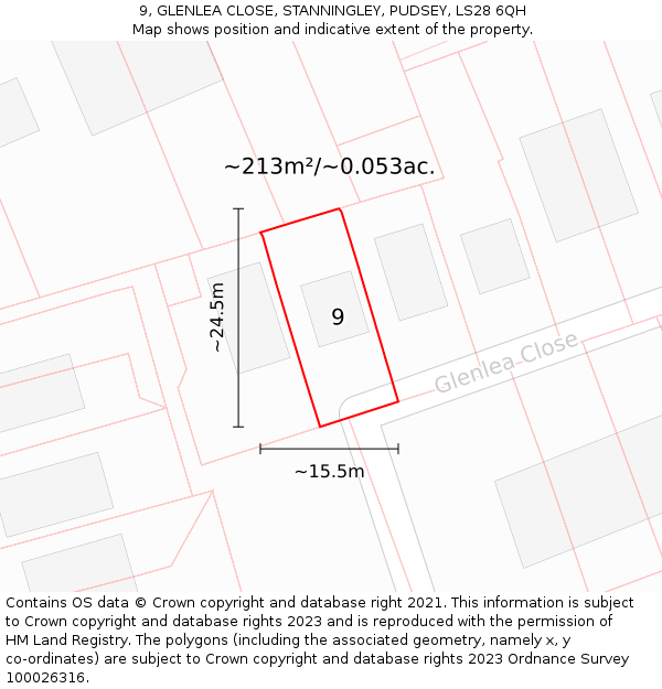 9, GLENLEA CLOSE, STANNINGLEY, PUDSEY, LS28 6QH: Plot and title map