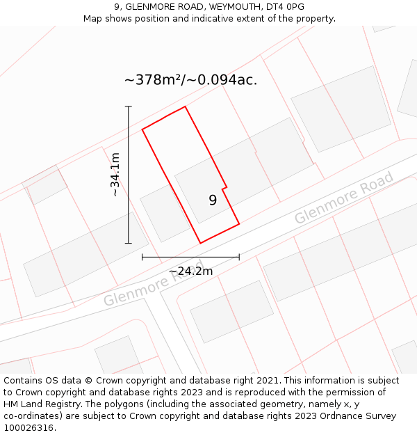 9, GLENMORE ROAD, WEYMOUTH, DT4 0PG: Plot and title map