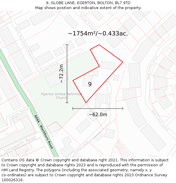 9, GLOBE LANE, EGERTON, BOLTON, BL7 9TD: Plot and title map