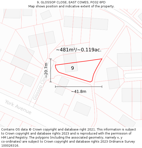 9, GLOSSOP CLOSE, EAST COWES, PO32 6PD: Plot and title map