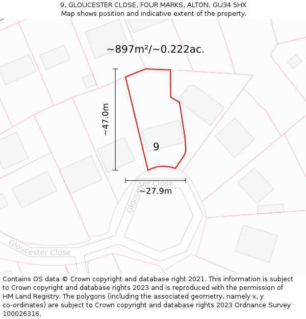 9, GLOUCESTER CLOSE, FOUR MARKS, ALTON, GU34 5HX: Plot and title map