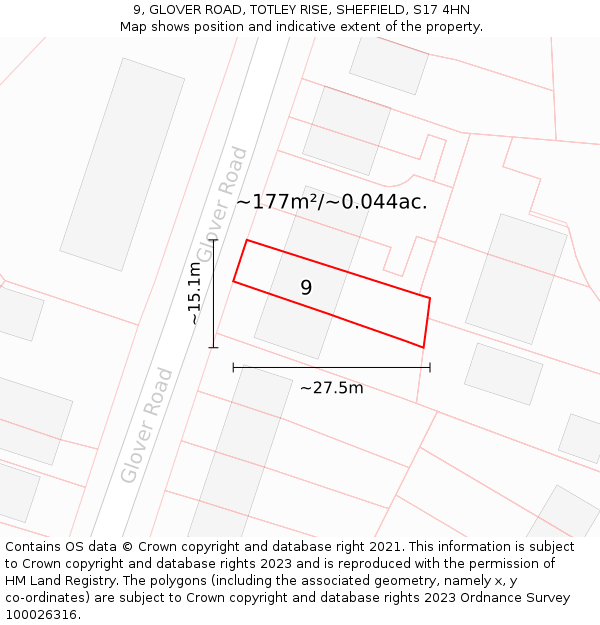 9, GLOVER ROAD, TOTLEY RISE, SHEFFIELD, S17 4HN: Plot and title map