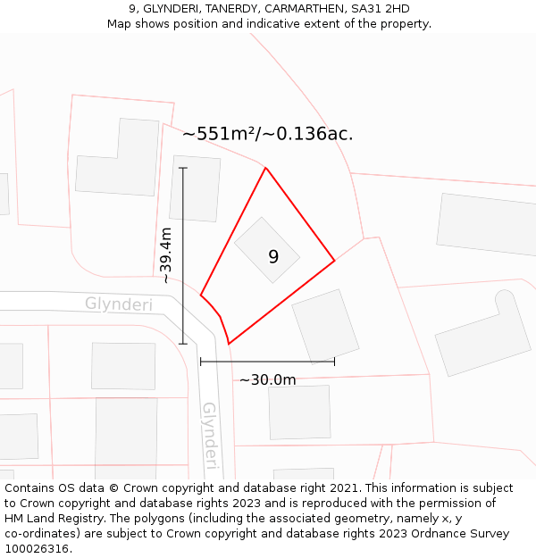 9, GLYNDERI, TANERDY, CARMARTHEN, SA31 2HD: Plot and title map