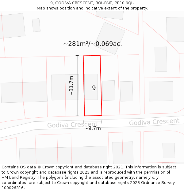 9, GODIVA CRESCENT, BOURNE, PE10 9QU: Plot and title map