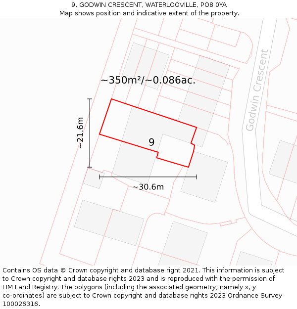 9, GODWIN CRESCENT, WATERLOOVILLE, PO8 0YA: Plot and title map