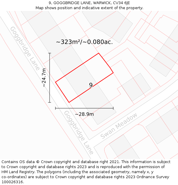 9, GOGGBRIDGE LANE, WARWICK, CV34 6JE: Plot and title map