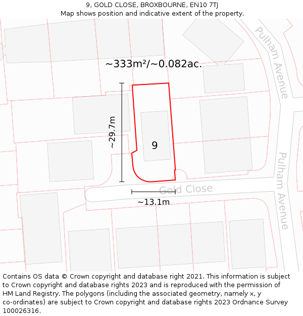 9, GOLD CLOSE, BROXBOURNE, EN10 7TJ: Plot and title map