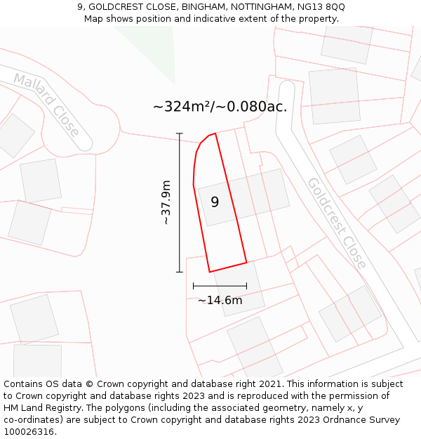 9, GOLDCREST CLOSE, BINGHAM, NOTTINGHAM, NG13 8QQ: Plot and title map