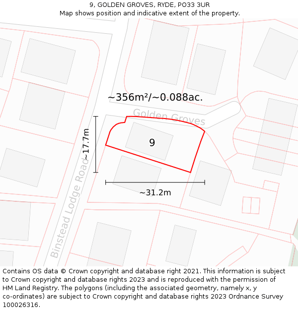 9, GOLDEN GROVES, RYDE, PO33 3UR: Plot and title map