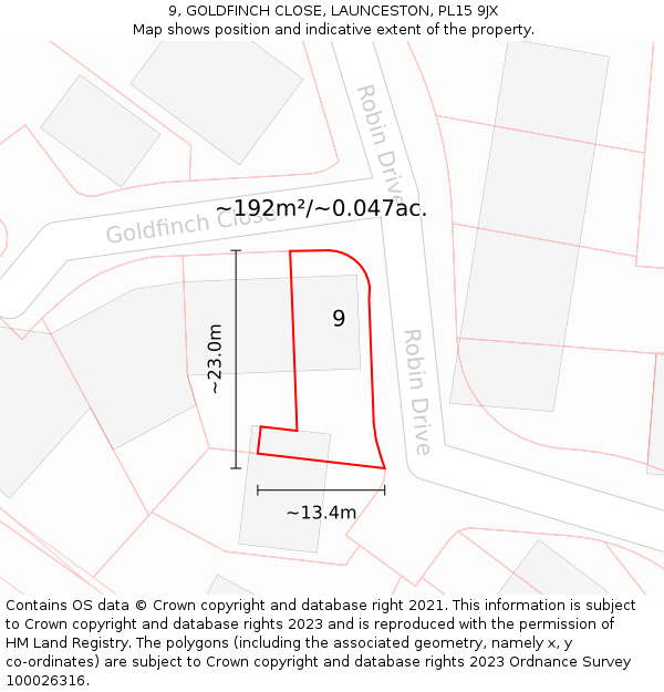 9, GOLDFINCH CLOSE, LAUNCESTON, PL15 9JX: Plot and title map