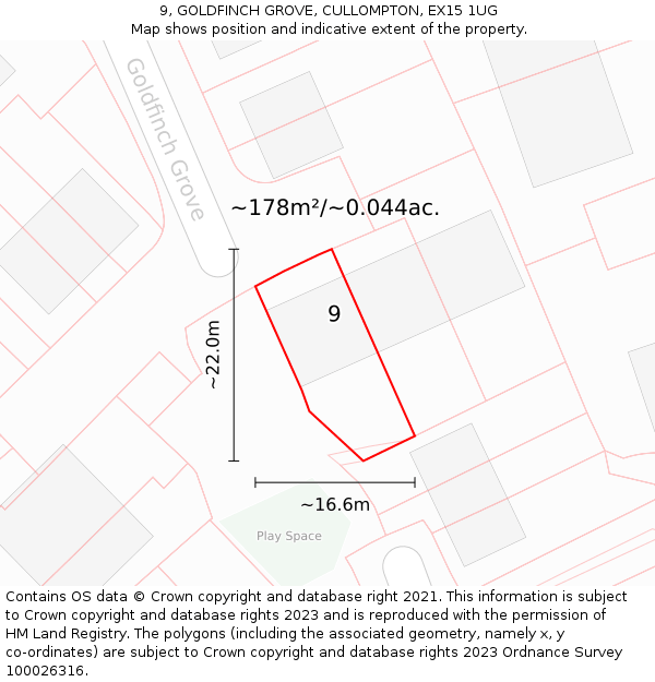 9, GOLDFINCH GROVE, CULLOMPTON, EX15 1UG: Plot and title map