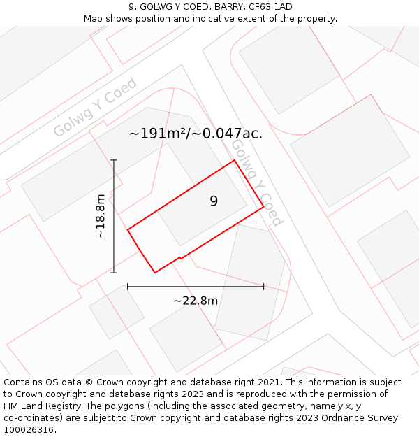 9, GOLWG Y COED, BARRY, CF63 1AD: Plot and title map