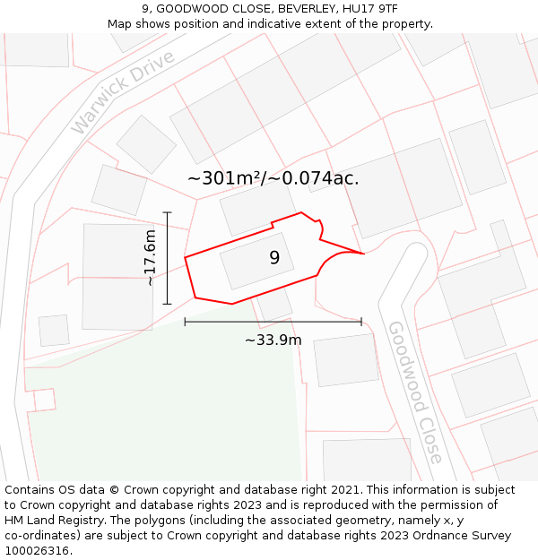 9, GOODWOOD CLOSE, BEVERLEY, HU17 9TF: Plot and title map