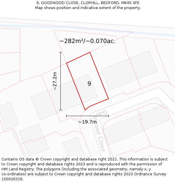 9, GOODWOOD CLOSE, CLOPHILL, BEDFORD, MK45 4FE: Plot and title map