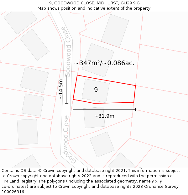 9, GOODWOOD CLOSE, MIDHURST, GU29 9JG: Plot and title map