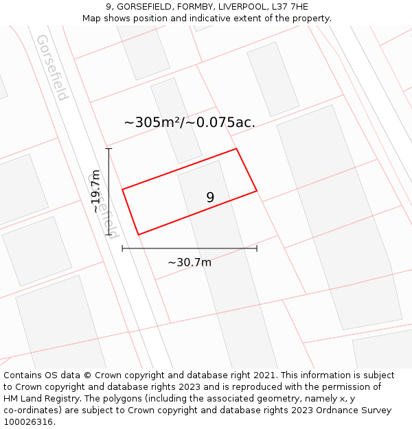 9, GORSEFIELD, FORMBY, LIVERPOOL, L37 7HE: Plot and title map