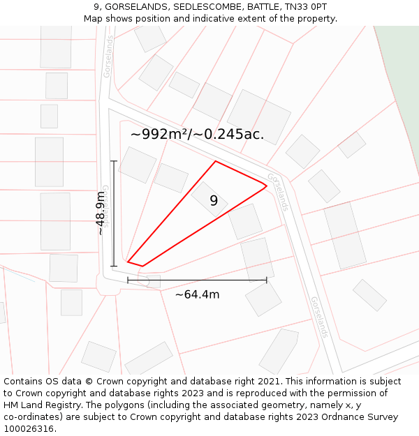 9, GORSELANDS, SEDLESCOMBE, BATTLE, TN33 0PT: Plot and title map