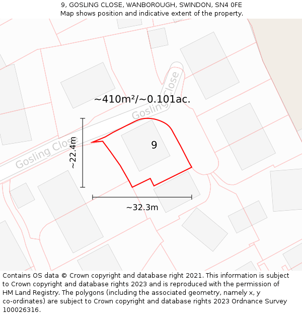 9, GOSLING CLOSE, WANBOROUGH, SWINDON, SN4 0FE: Plot and title map