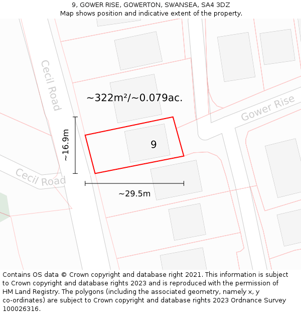 9, GOWER RISE, GOWERTON, SWANSEA, SA4 3DZ: Plot and title map